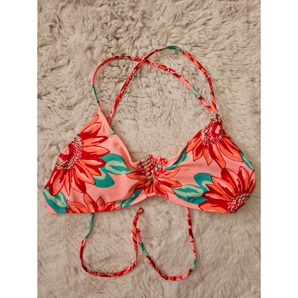 Aerie Bikini Top Womens Large Pink Orange Floral Good Smocked Triangle Tie